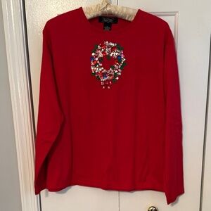 Charming Red Beaded Wreath Long Sleeve Top